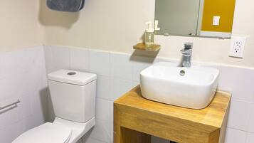Shower, towels, soap, toilet paper