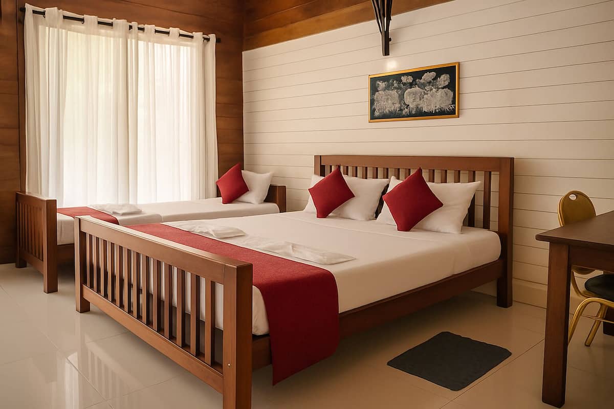 A hotel room with two beds, wooden headboards, a desk, and a chair.