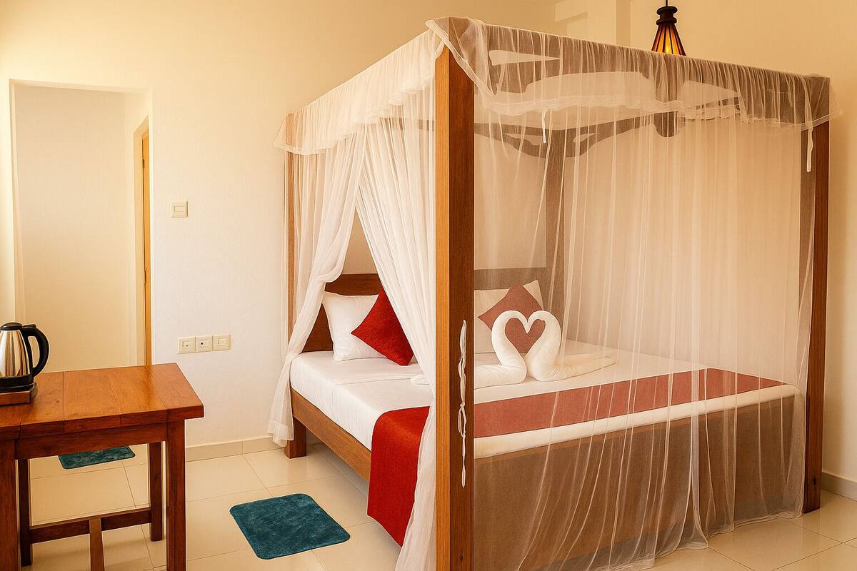 Premium bedding, Select Comfort beds, desk, laptop workspace