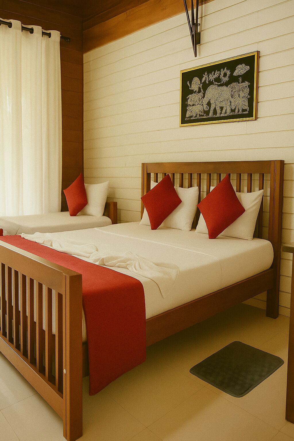 A room with two wooden beds, each with red pillows, white bedding, and a red throw blanket. A green mat is on the floor.