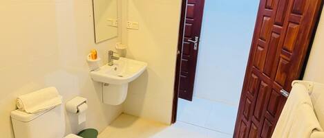 A bathroom with a toilet, sink, and mirror. There is a wooden door leading to another room.