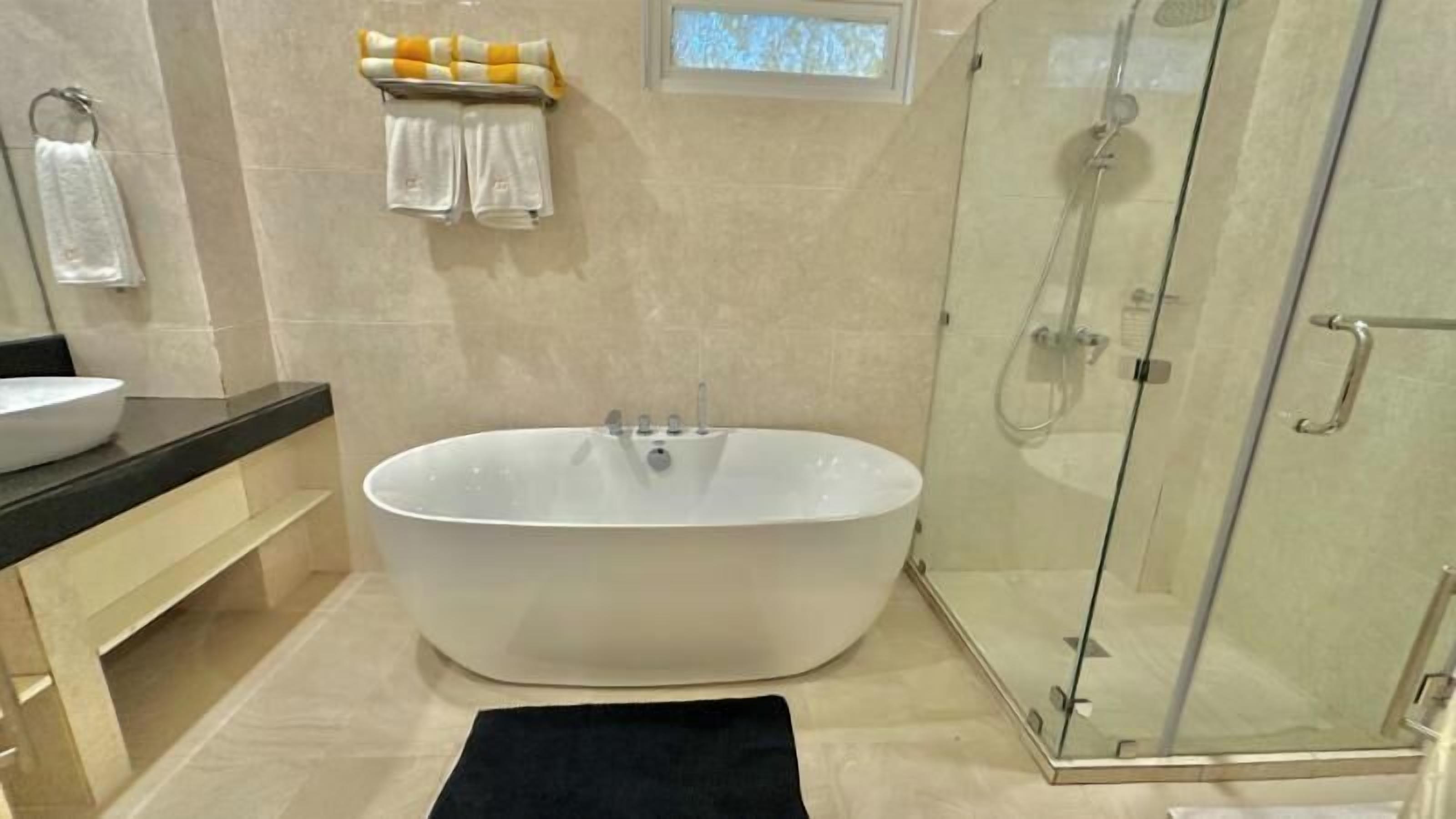 A modern bathroom with a freestanding bathtub, a glass shower enclosure, and a black towel on the floor.