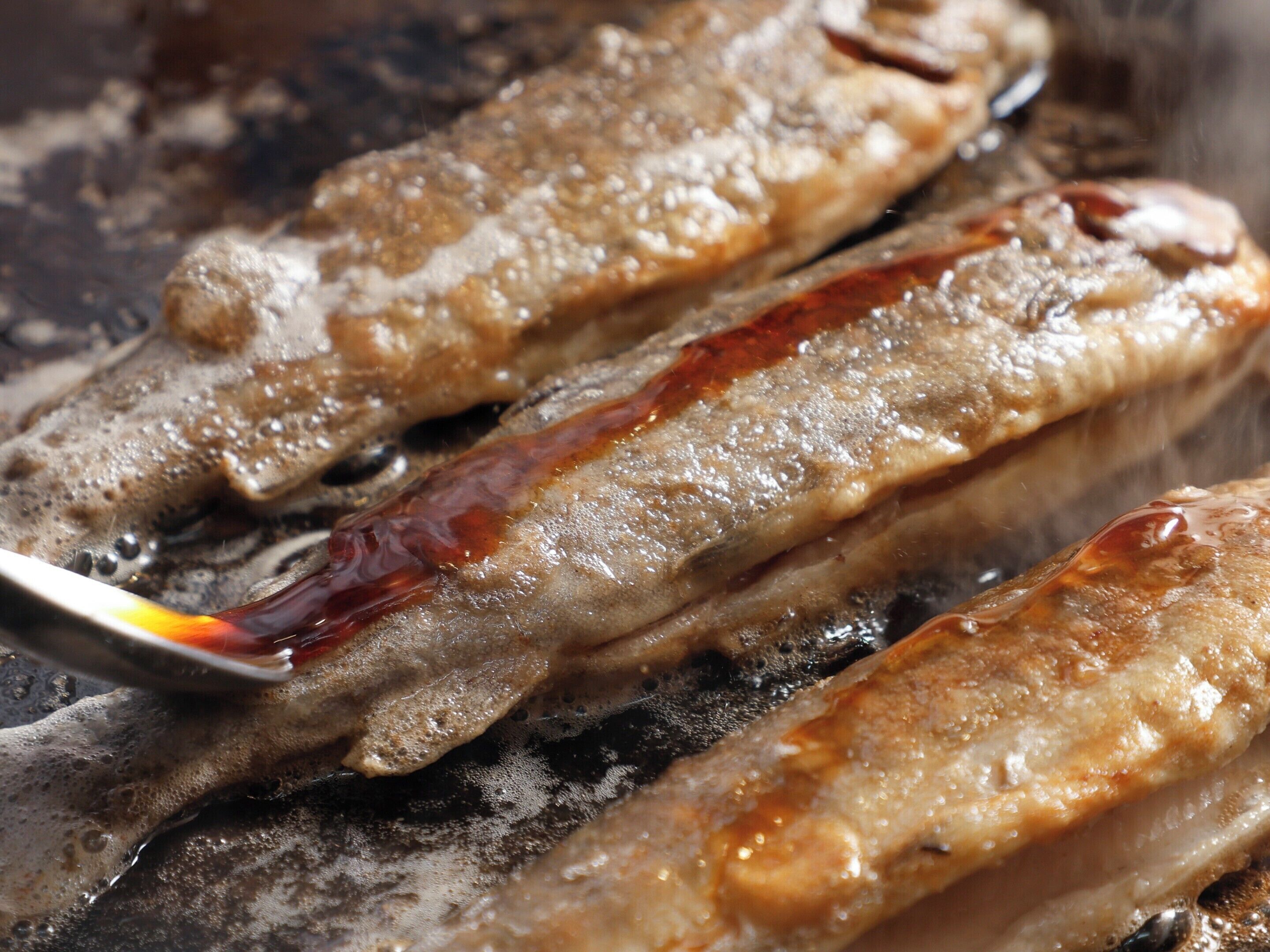 Primer plano de pescado a la parrilla con salsa brillante.