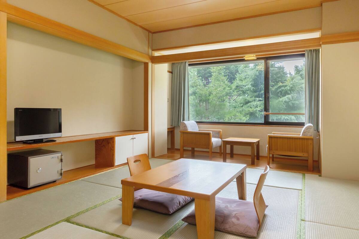 A room with tatami flooring, a television, a small cabinet, and a window with a view of trees.
