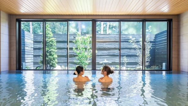 Una piscina interna con vista su un pontile di legno e alberi.