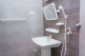 Shower, towels, soap, toilet paper