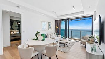 Elite Apartment, 2 Bedrooms, Ocean View | Living area | 75-cm Smart TV with digital channels