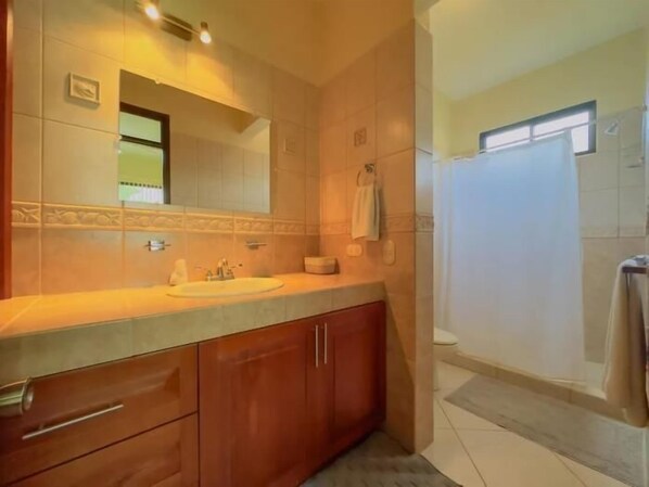 Une salle de bain avec un lavabo, un miroir et une douche.
