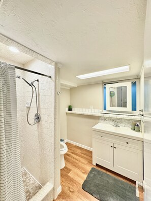 Hair dryer, towels, soap, toilet paper