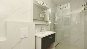 Shower, hair dryer, towels