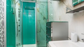 Shower, hair dryer, towels