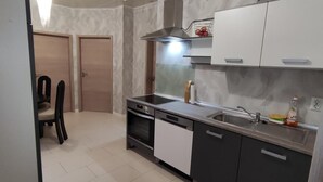 A compact kitchen with a dishwasher, stove, and a sink. There are cabinets and a chair visible. - Fürstenhaus and Hofgeismar Center! (Hofgeismar)