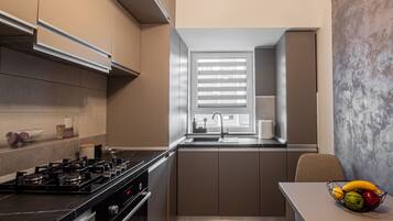 Deluxe Apartment | Private kitchen | Full-sized fridge, microwave, oven, stovetop