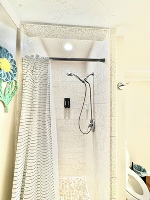 Hair dryer, towels, soap, shampoo