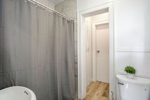 Hair dryer, towels, soap, toilet paper