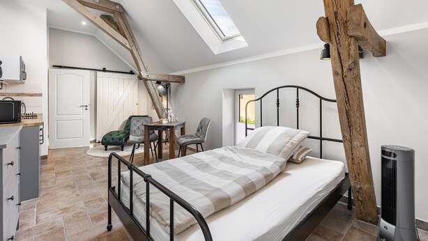 A bedroom with a skylight, a bed, a desk, and a chair.