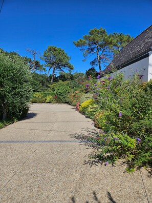 A paved pathway leading to a building with a white exterior and a tiled roof.