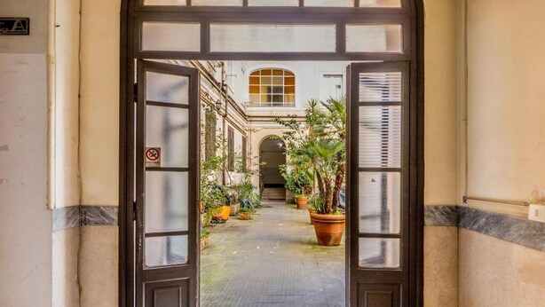 Un'apertura che dà su un cortile con piante in vaso e un edificio sullo sfondo.