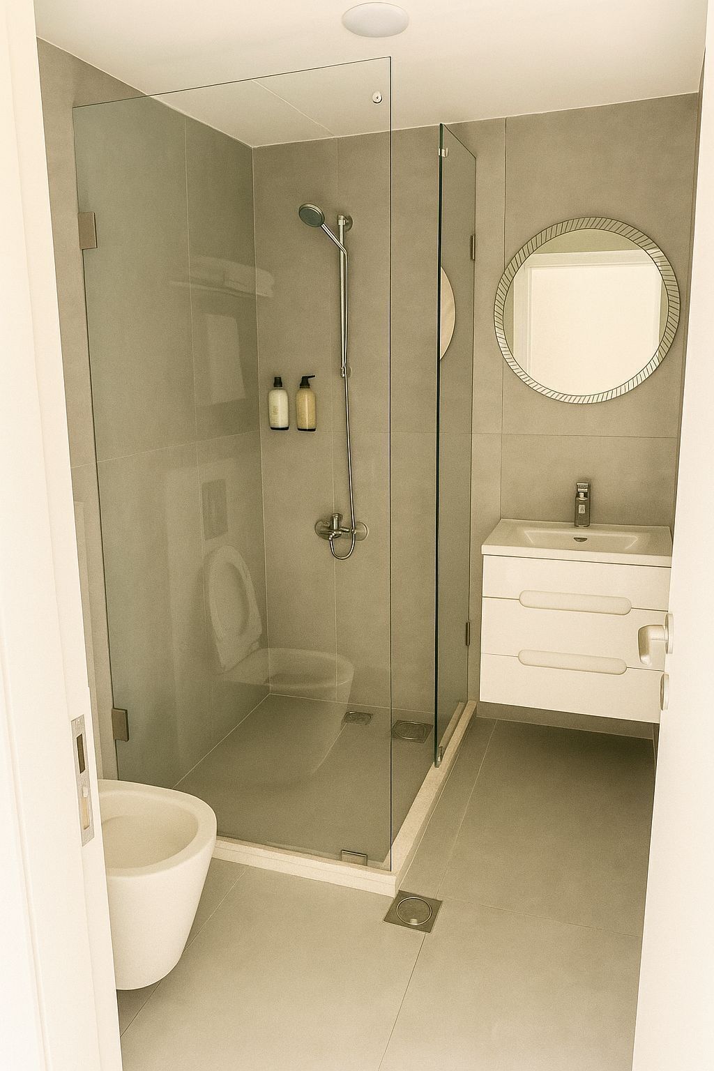 A modern bathroom with a glass-enclosed shower, a white sink, and a mirror.