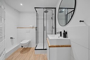 Shower, hair dryer, towels, soap