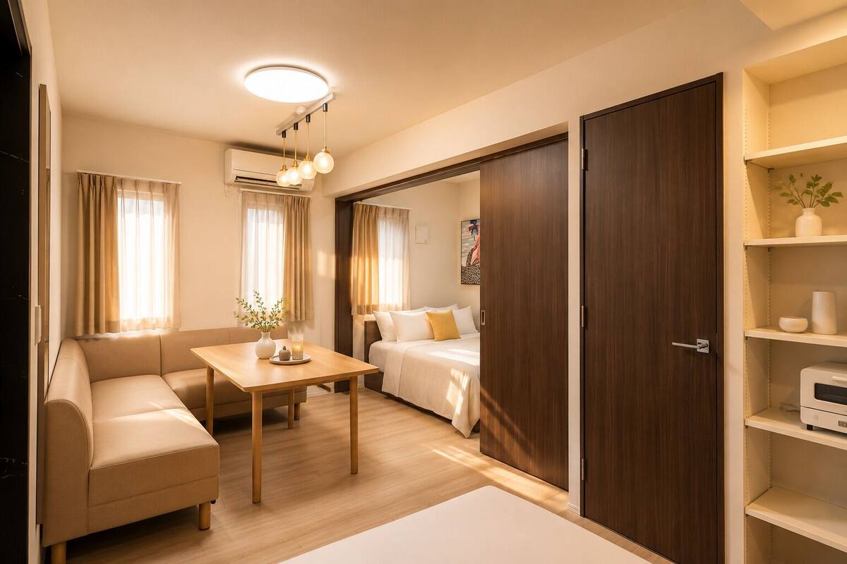 Une chambre d’hôtel avec un canapé, une petite table sur laquelle est posé un vase, un lit, une armoire et une étagère avec une plante.