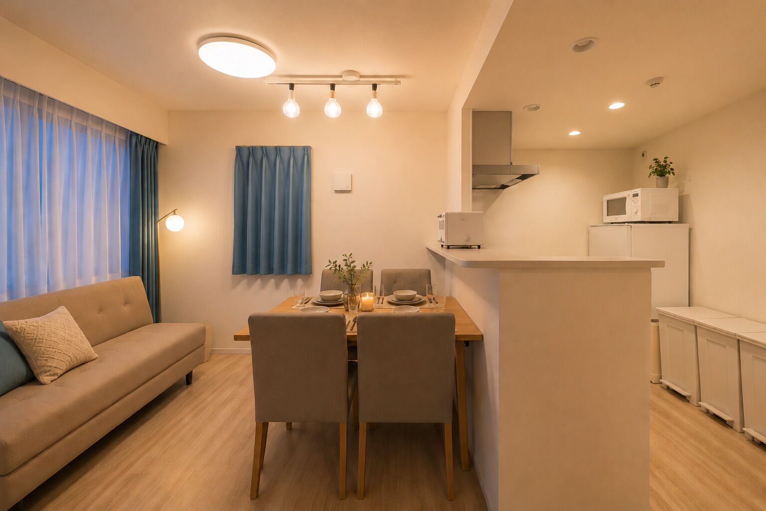 A modern living room with a sofa, dining table, and chairs, a kitchen area with appliances, and a window with curtains.