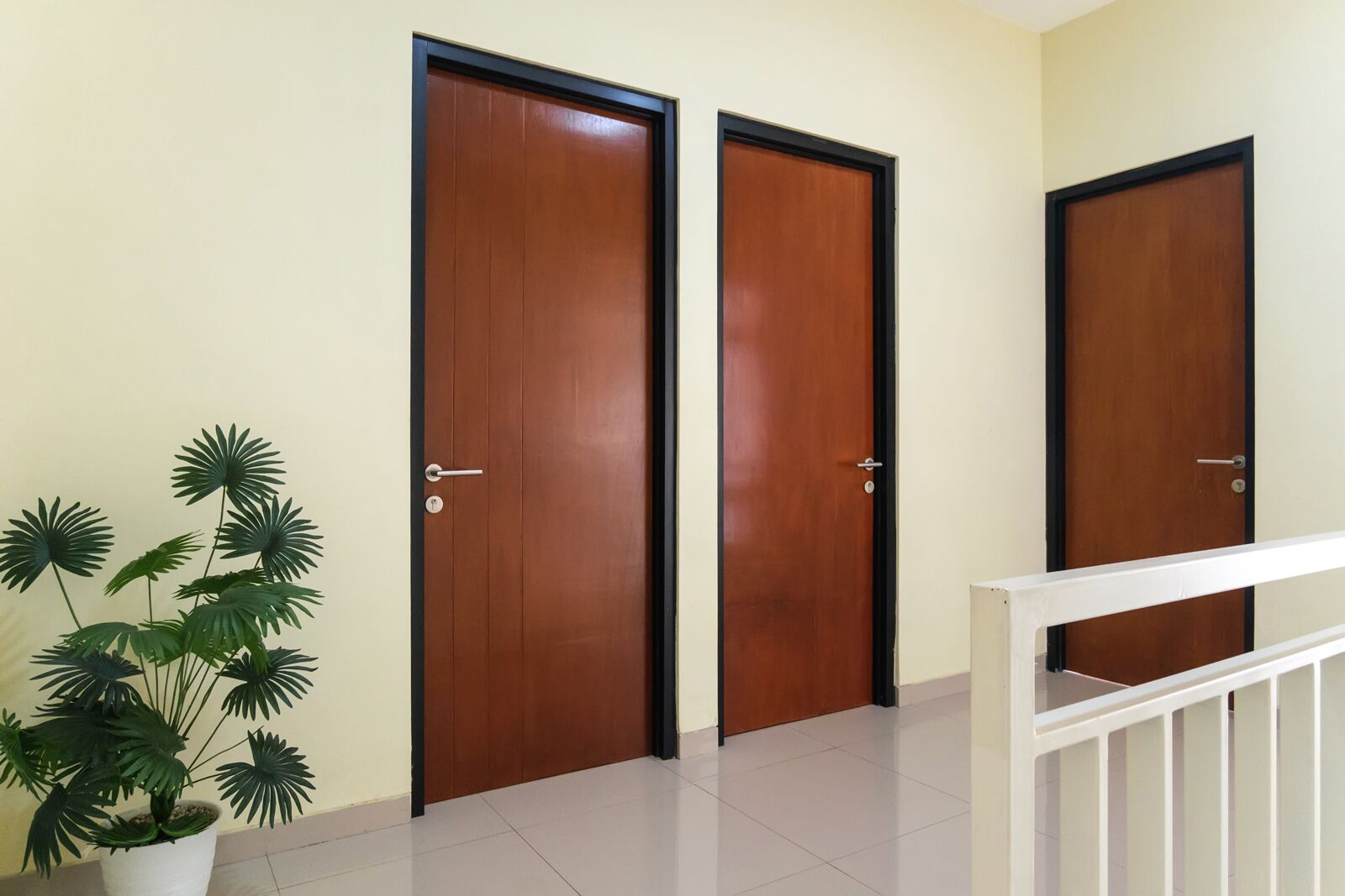 Un couloir avec deux portes en bois, une plante en pot et une rambarde blanche.