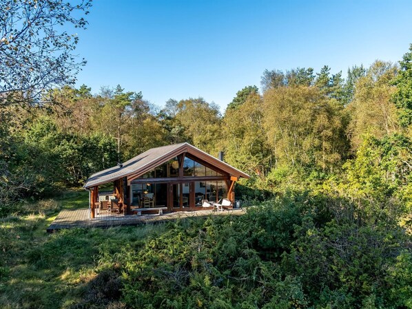 Eine moderne Hütte mit geneigtem Dach, großen Fenstern und einer Terrassenfläche.