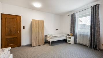A bedroom with a bed, a wardrobe, a bedside table, and a window with curtains.
