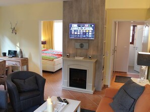 Fernseher, Kamin, DVD-Player, Bücher