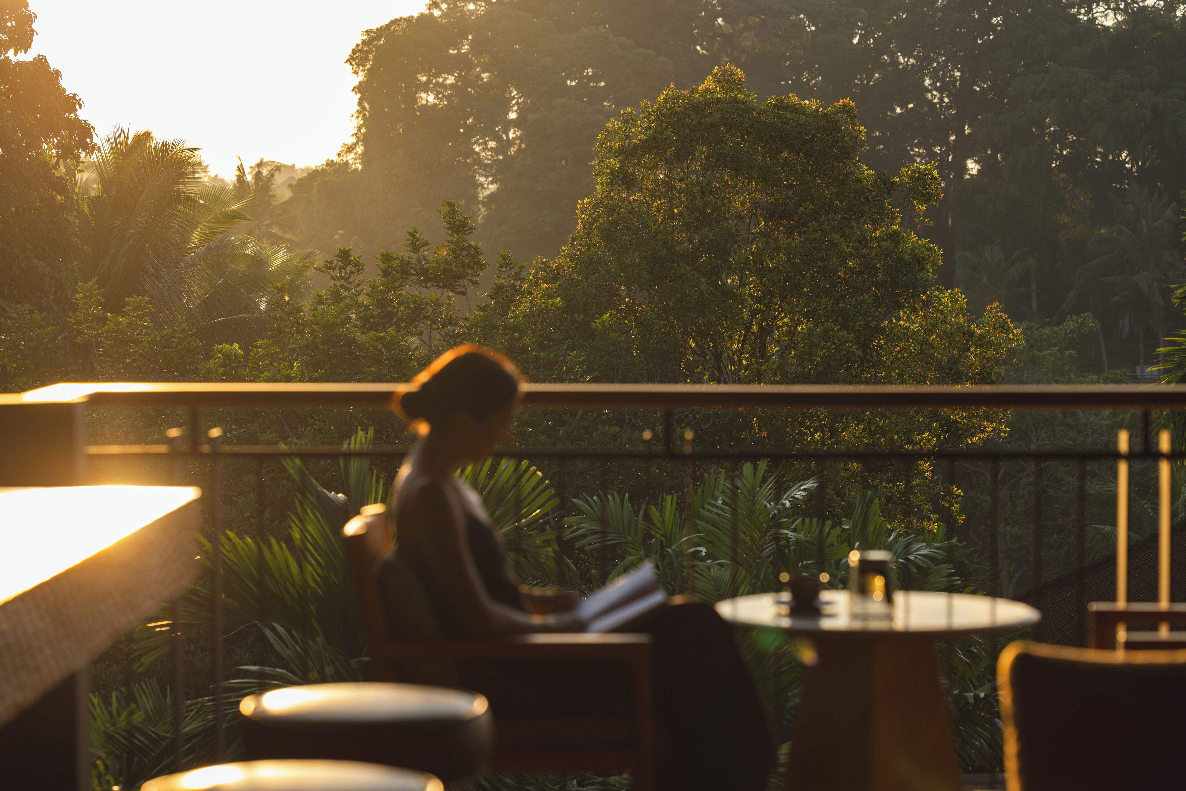 A person sitting at a table with a book, surrounded by greenery and a railing.