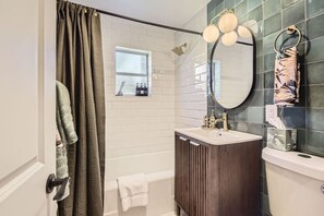 Hair dryer, towels, soap, shampoo