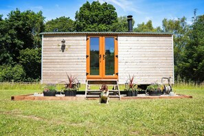 A wooden cabin with a glass door and a small porch.