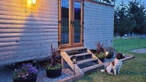 A wooden cabin with a front door, steps leading up to the entrance, and a dog sitting outside.