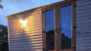 A wooden cabin with a glass door, a small porch, and potted plants.