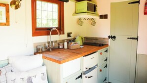 A compact kitchen with a wooden countertop, a green microwave, a sink, and a window with a view.