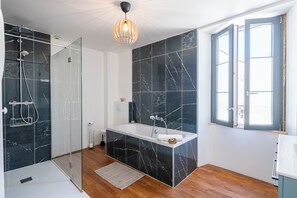 Ducha, secador de pelo, toallas y papel higiénico