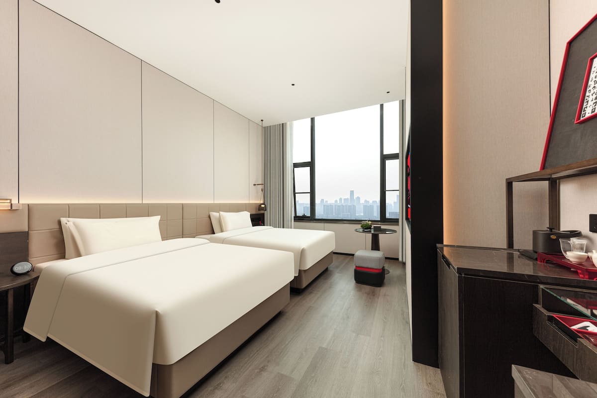 Mingxin City View Twin Room | Draps en coton égyptien, literie de qualité supérieure