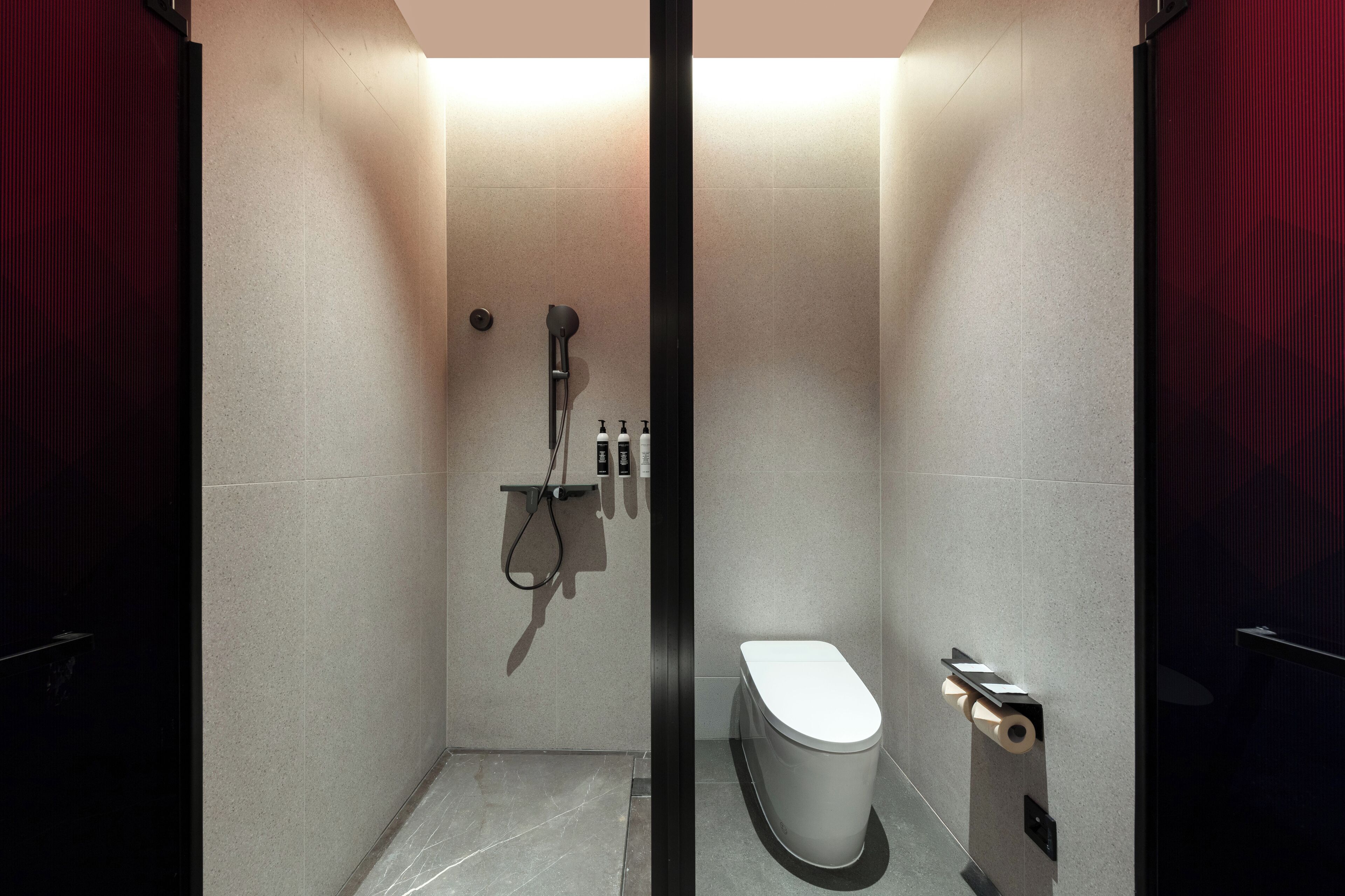 Une salle de bain moderne équipée d’une douche, de toilettes et d’un porte-serviettes.
