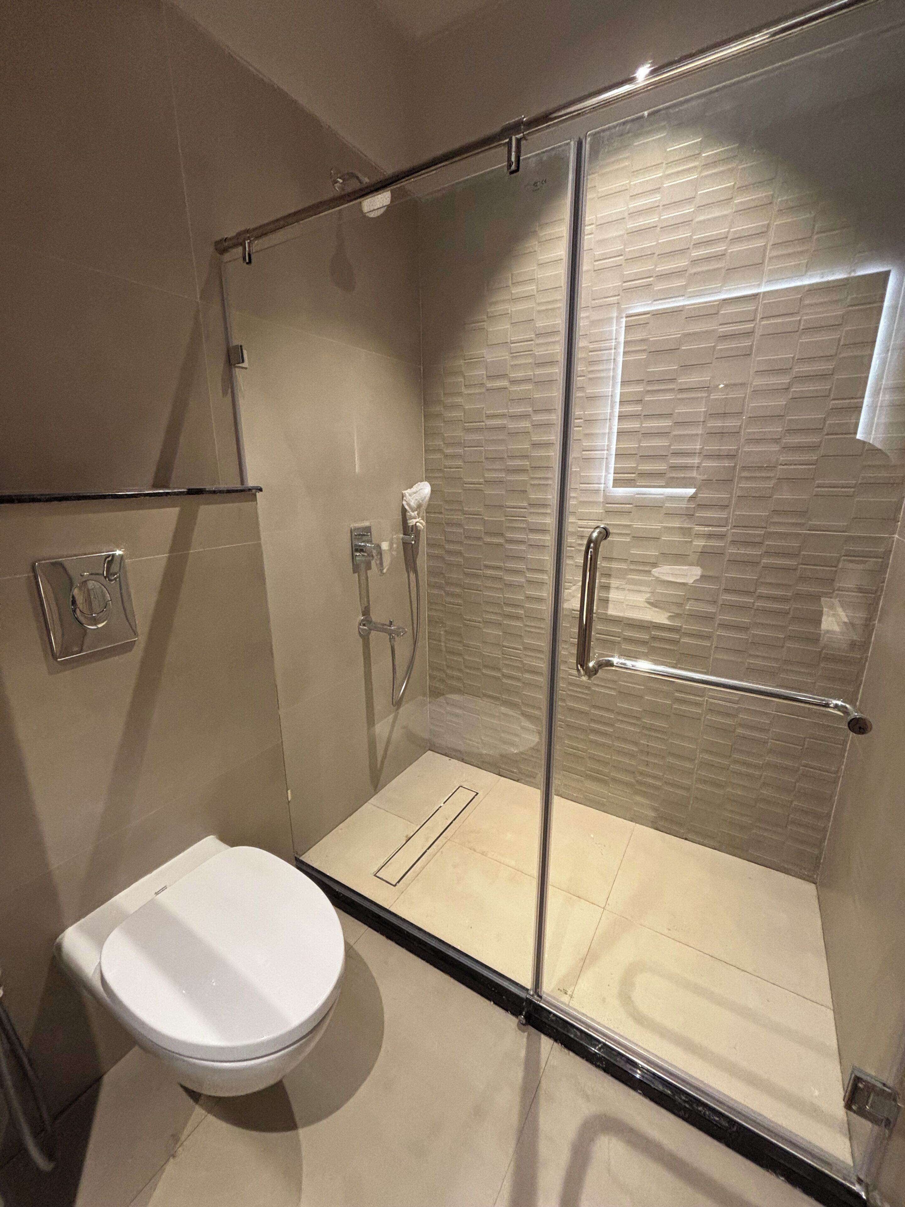 A modern bathroom with a glass-enclosed shower, a white toilet, and a tiled wall.