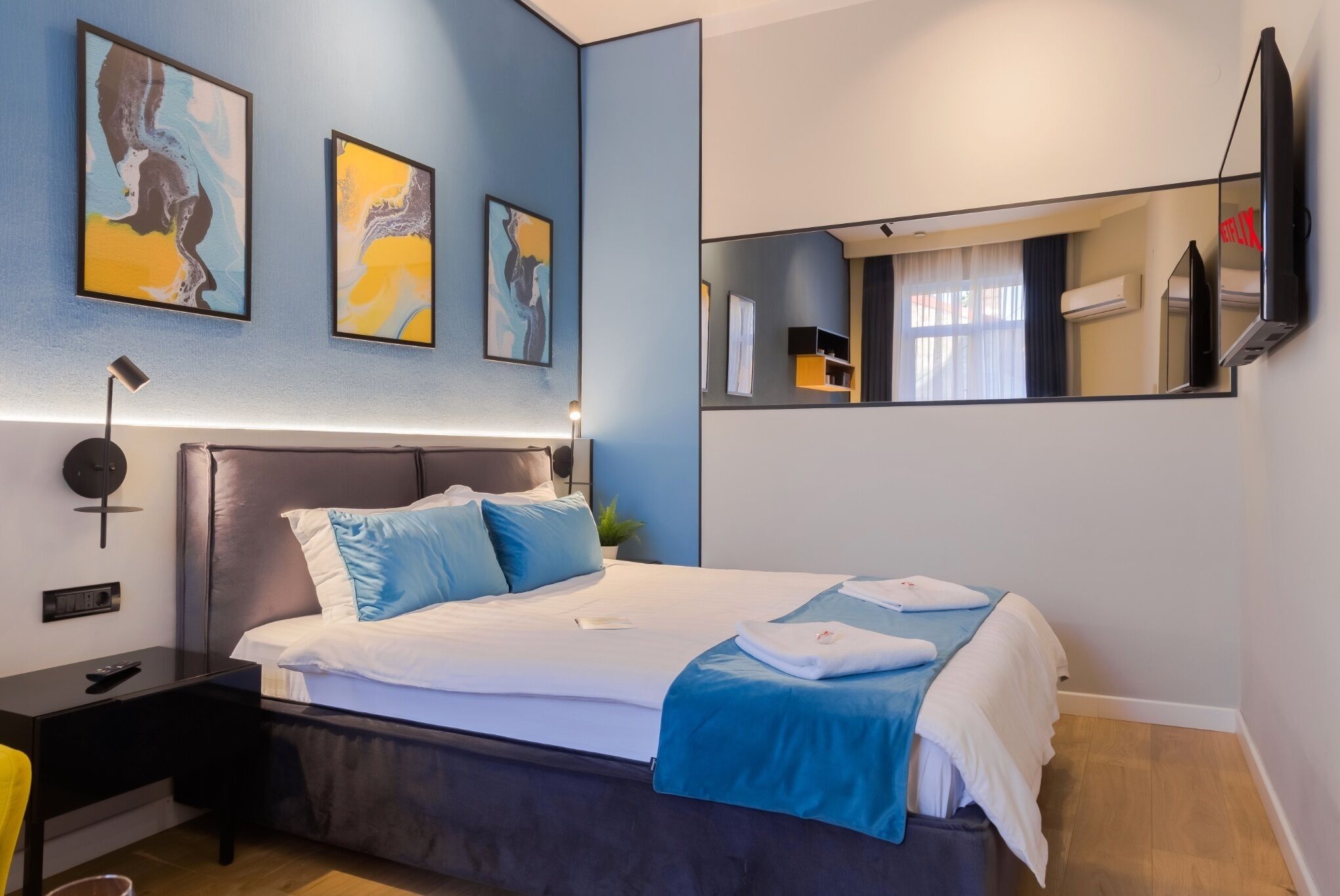 Premium bedding, memory foam beds, desk, blackout drapes