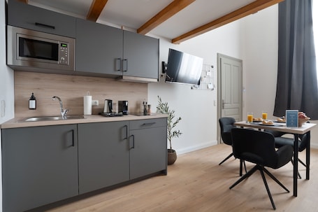 Superior Apartment, 1 Queen Bed with Sofa bed | Private kitchen | Fridge, microwave, stovetop, cookware/dishes/utensils