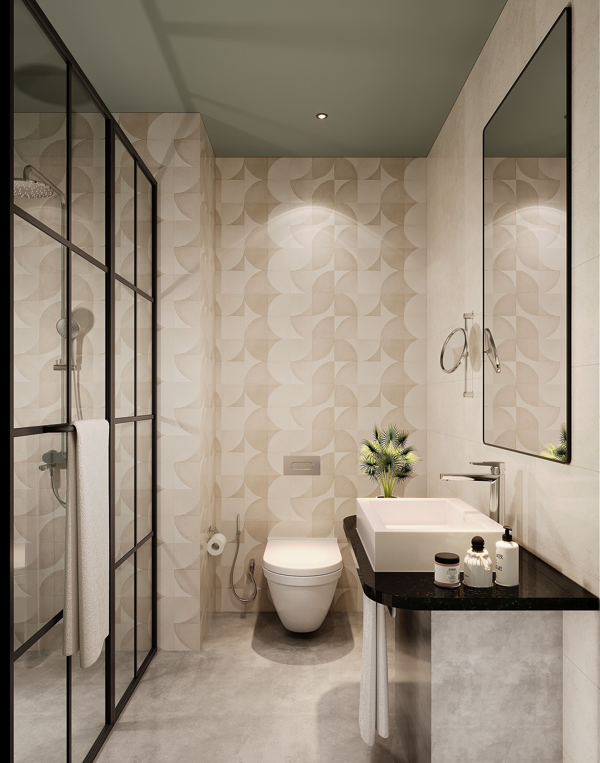 Shower, hair dryer, slippers, towels