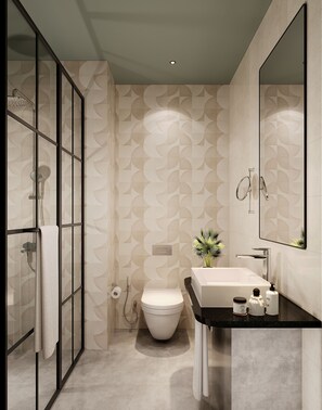 Dusche, Haartrockner, Hausschuhe, Handtücher