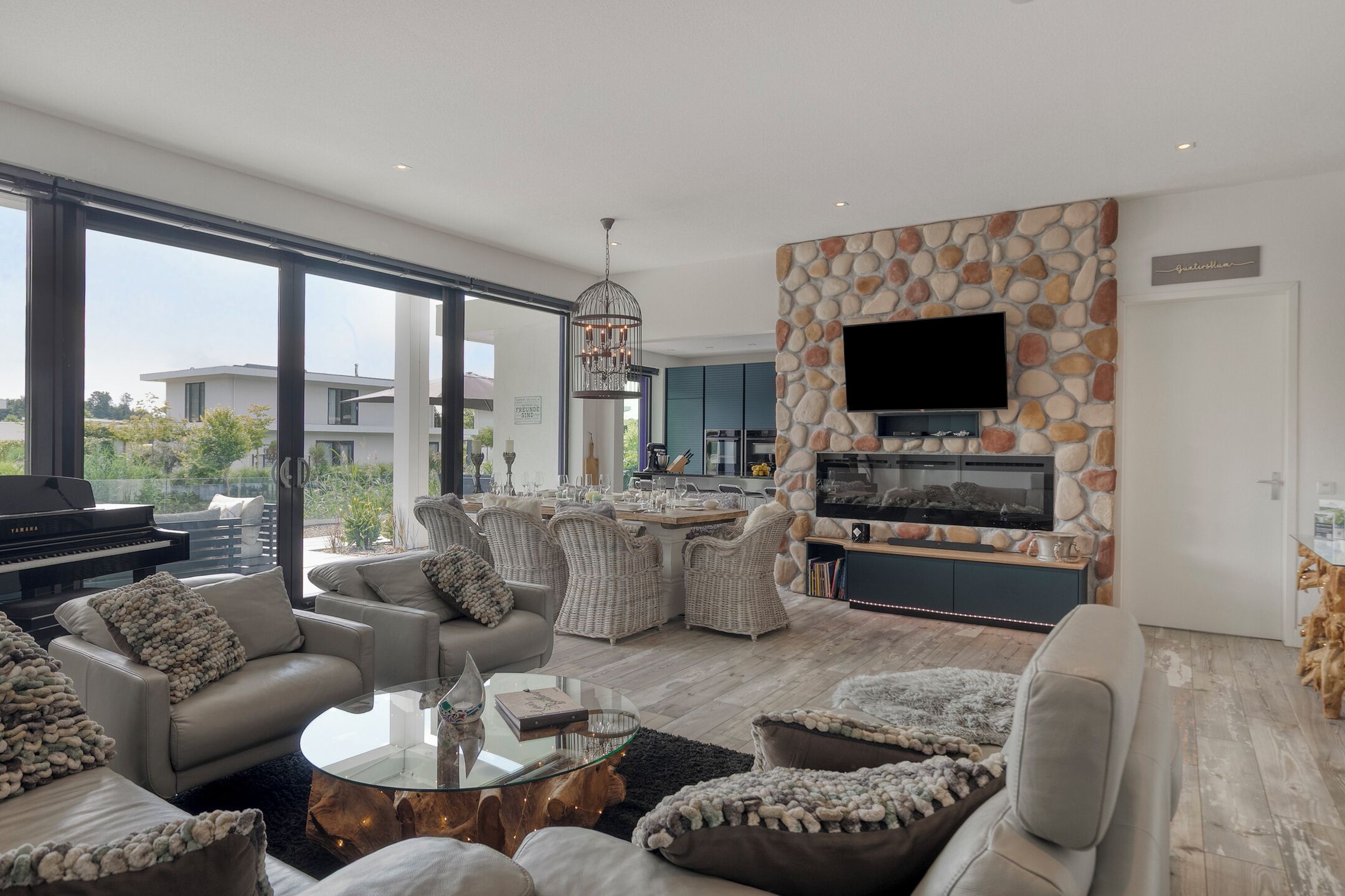 TV, fireplace, video library