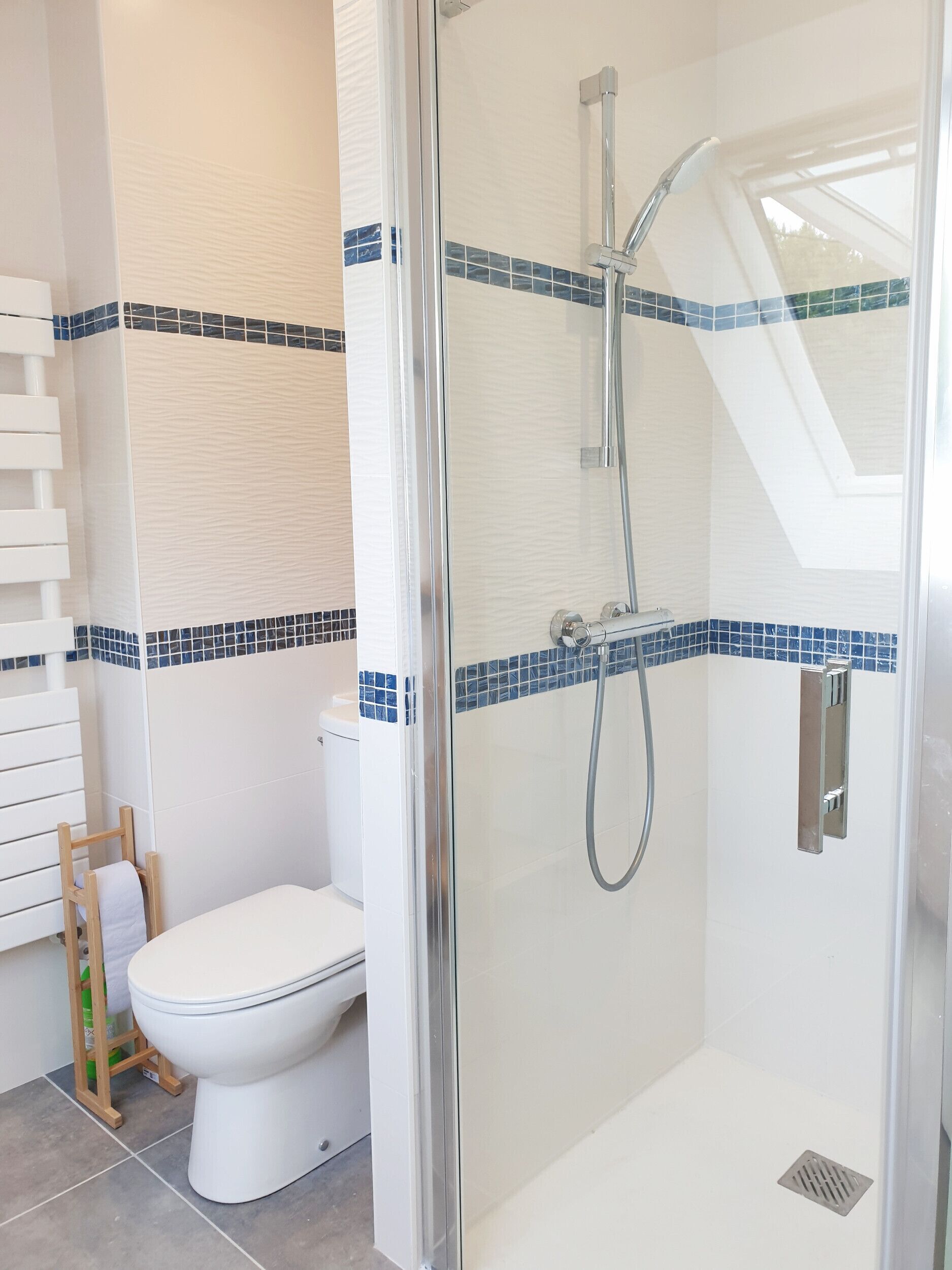 Une salle de bain moderne avec une douche à parois de verre, des toilettes blanches et des éléments décoratifs en carreaux bleus.