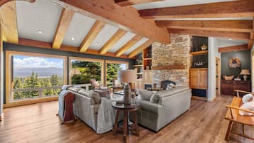 Smart TV, fireplace, books, offices