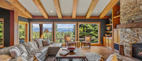 Smart TV, fireplace, books, offices