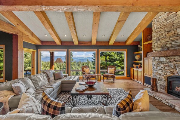 Smart TV, fireplace, books, offices