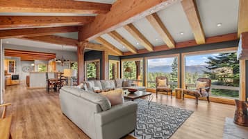 Smart TV, fireplace, books, offices